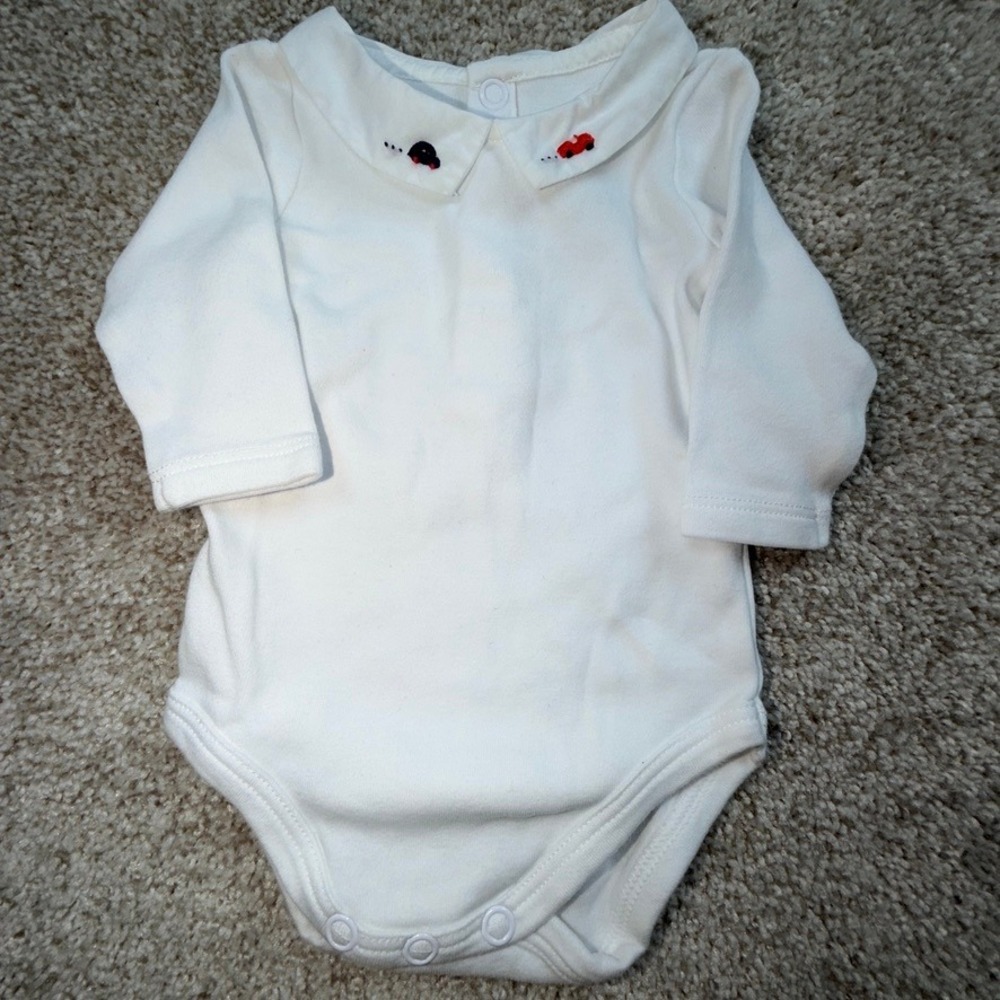 Jacadi Paris Baby Boy White Peter Pan Collar Car Embroidered Bodysuit 1M 54cm